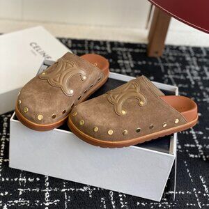 Brown Suede Studded Slip-On Clogs